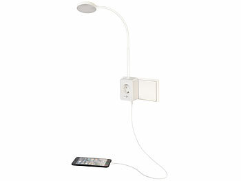 Lunartec Dimmbare CCT-LED-Steckerleuchte mit Steckdose, USB-A/C-Port, weiß
