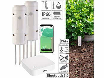 Pflanzenmonitor: Luminea Home Control 2x Smarter,ZigBeeBodenFeuchtigkeits&Temperatursensor & Zigbee Gateway