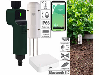 Bodenfeuchtetester: Luminea Home Control BodenFeuchtigkeits&Temperatursensor,ZigbeeGateway,1x Bewässerungscomp.