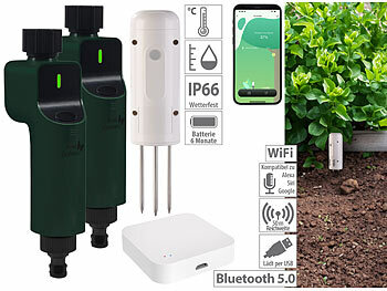 Feuchtigkeitssensor Erde: Luminea Home Control BodenFeuchtigkeits&Temperatursensor,ZigbeeGateway,2x Bewässerungscomp.