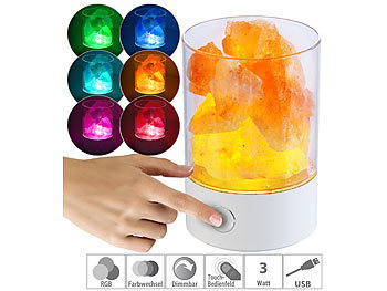 Salzlampe: Lunartec RGB-LED-Tischleuchte mit natürlichen Salzkristallen, 7 Farben, USB, 3W