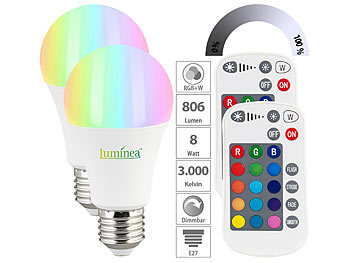 E27 Stimmungslicht: Luminea 2er-Set LED-Lampen E27, RGBW, 8 W (ersetzt 75 W), 806 Lumen, dimmbar