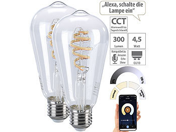 Smart LED: Luminea Home Control 2er-Set LED-Filament-Lampen E27, CCT, 4,5 W (ersetzt 35 W), für ZigBee