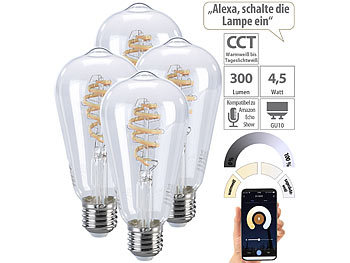 LED-Lampen Alexa: Luminea Home Control 4er-Set LED-Filament-Lampe E27, CCT, 4,5 W (ersetzt 35 W), für ZigBee