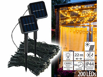 LED-Solarlichterkette: Lunartec 2er-Set Solar-Lichterketten, 200 LEDs, 8 Modi, 22 m, Dämmerungssensor