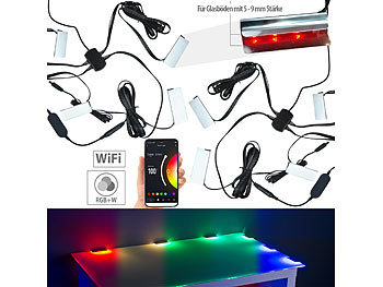 Glasboden-Beleuchtung: Luminea Home Control 2er-Set WLAN-LED-Glasbodenbeleuchtungen, 4 Klammern, 12 RGBW-LEDs, App
