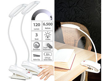 Leselampe Buch: Lunartec 2er-Set Schwanenhals-Klemm-Lampen, 3-Watt-COB-LED und Akku, USB
