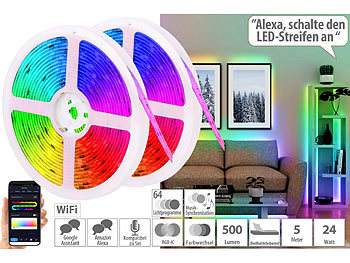 RGBIC-LED-Strips Alexa: Luminea Home Control 2er-Set WLAN-RGBIC-LED-Lichtstreifen, App, Sprach- & Soundsteuerung,5m