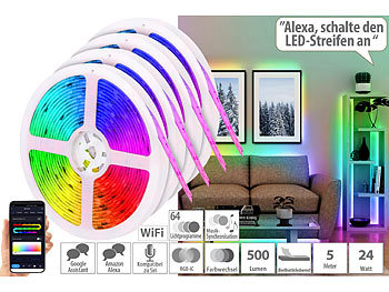 Alexa RGBIC-LED-Strips: Luminea Home Control 4er-Set WLAN-RGBIC-LED-Lichtstreifen, App, Sprach- & Soundsteuerung,5m