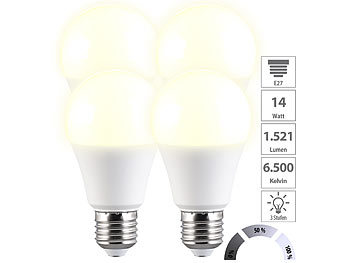 LED Lampen dimmbar E27: Luminea 4er-Set LED-Lampen mit 3 Helligkeits-Stufen, 14 W, 1.521 lm, 3000 K, F