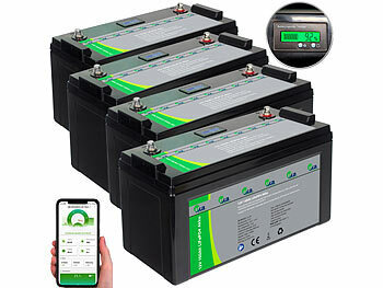 Batteriemodul: tka 4er-Set LiFePO4-Akkus mit 12 V, 150 Ah / 1.920 Wh, BMS, Display, App