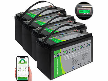 Solar Batterien 12V: tka 4er-Set LiFePO4-Akkus mit 12 V, 100 Ah / 1.280 Wh, BMS, Display, App