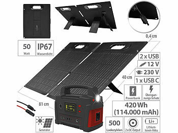 Solar Akku Powerbanks: revolt Powerstation & Solar-Generator mit 50-W-Solarpanel, 420 Wh, 600 Watt