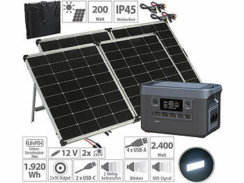 Camping Solaranlage Set: revolt Powerstation & Solar-Generator, 2x 240-W-Solarpanel, 1.920 Wh, 2.400 W
