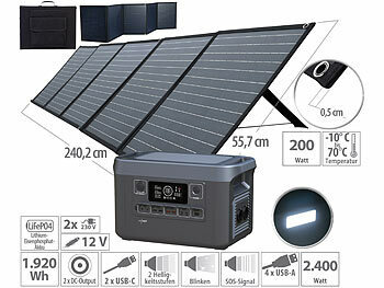 Solar-Powerbank 12V: revolt Powerstation & Solar-Generator mit 200-W-Solarpanel, 1.920 Wh, 2.400 W