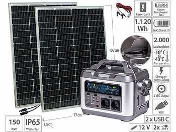 Mobile Solaranlage 230V: revolt Powerstation & Solar-Generator + 2x 150-W-Solarmodul, 1120 Wh, 1.200 W