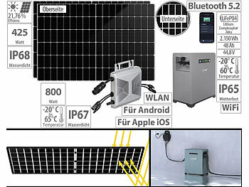 Insel Solaranlagen 230V: revolt 2,15-kWh-Akkuspeicher mit WLAN-Mikroinverter & 2x 425-W-Solarmodul