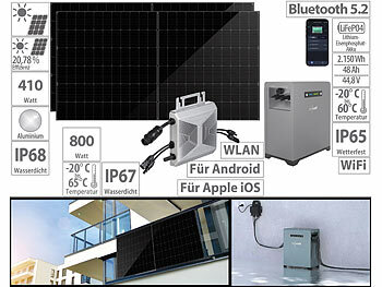 Balkonsolaranlagen: revolt 2,15-kWh-Akkuspeicher mit WLAN-Mikroinverter & 2x 410-W-Solarmodul