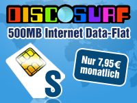 SIM-Karte mit Datentarif "discoSURF S" 500 MB (7,95 Euro pro Monat) 