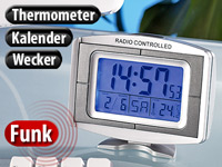 PEARL DCF-Funkuhr mit 8,9 cm LCD-Display, Wecker, Kalender & Thermometer PEARL Funk-Wecker mit Thermometern