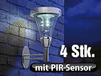 Lunartec Solar-LED-Wandlampe im Edelstahl-Look mit PIR-Sensor, 4er-Set Lunartec LED-Solar-Außenlampen mit PIR-Sensoren (neutralweiß)