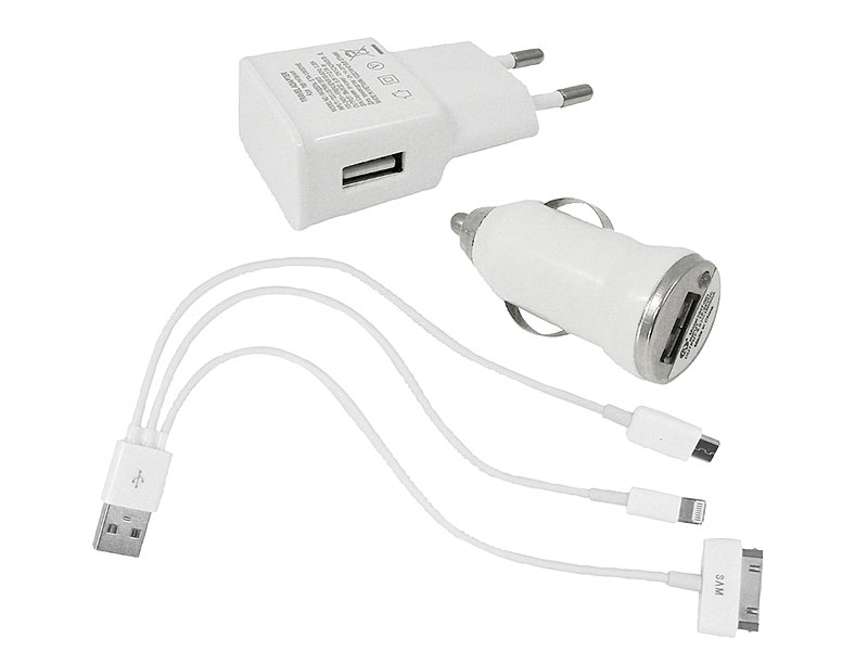 5in1-Set Ladegerät / Ladekabel 12V / 230 V für alle iPhone   micro-USB