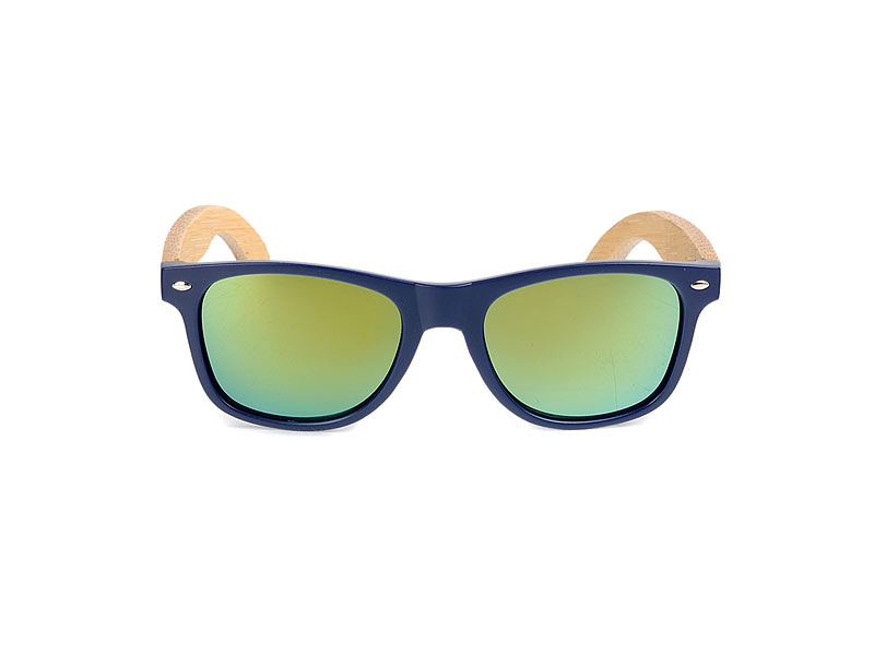 Klassische Sonnenbrille aus Bambus, blauer Rahmen & Spiegelgläser