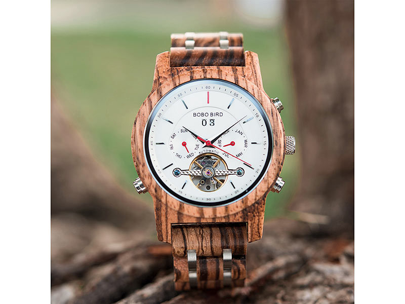 Klassische Uhr aus Zebraholz und Metall, hochwertige Details, Herren