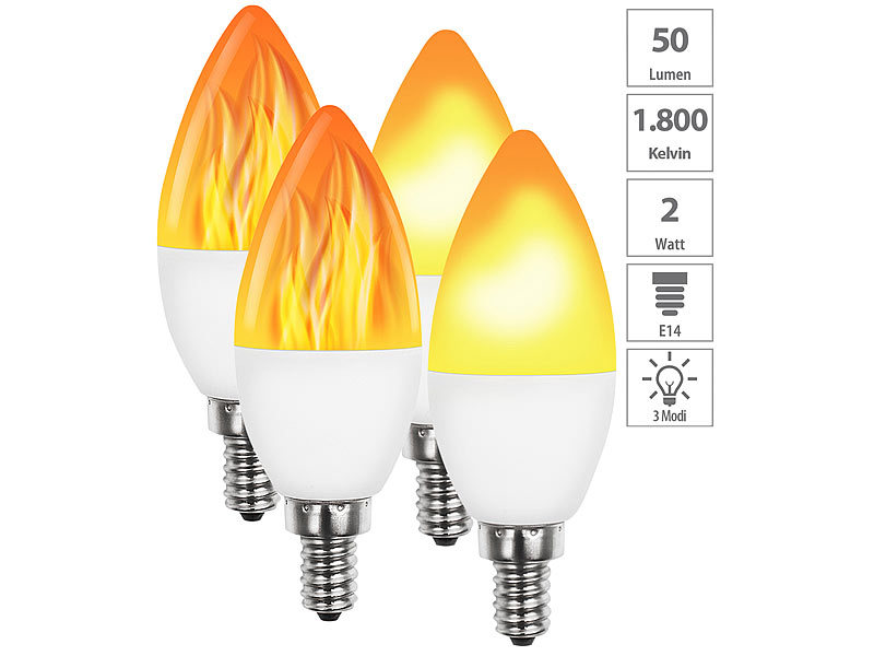 Luminea LED Birne: 4er-Set LED-Lampen mit Flammeneffekt, 3  Beleuchtungs-Modi, E14, 2 W, (Flammen LED)