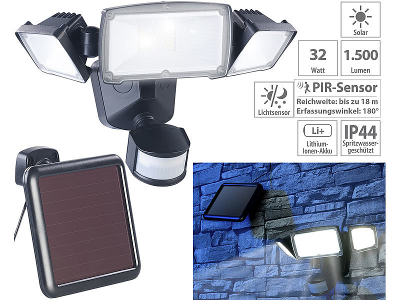 Luminea LED Solar Strahler 3fachSolarLEDFluter für außen, PIRSensor, 32 W, 1.500 Lumen