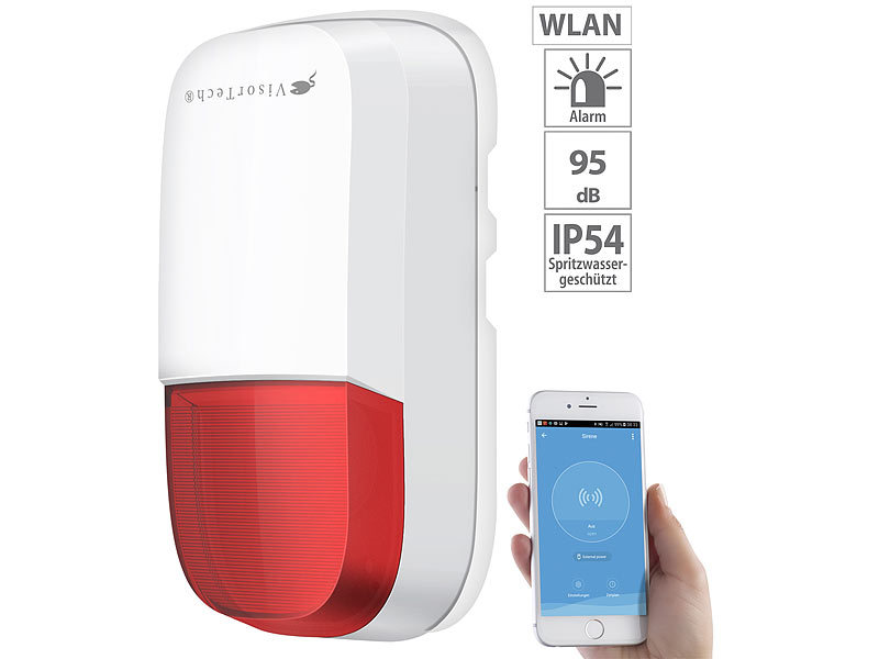 VisorTech Alarmsirene: WLAN-Outdoor-Sirene mit Blinklicht und 95 dB, IP54,  ELESION-kompatibel (WLAN Alarm)