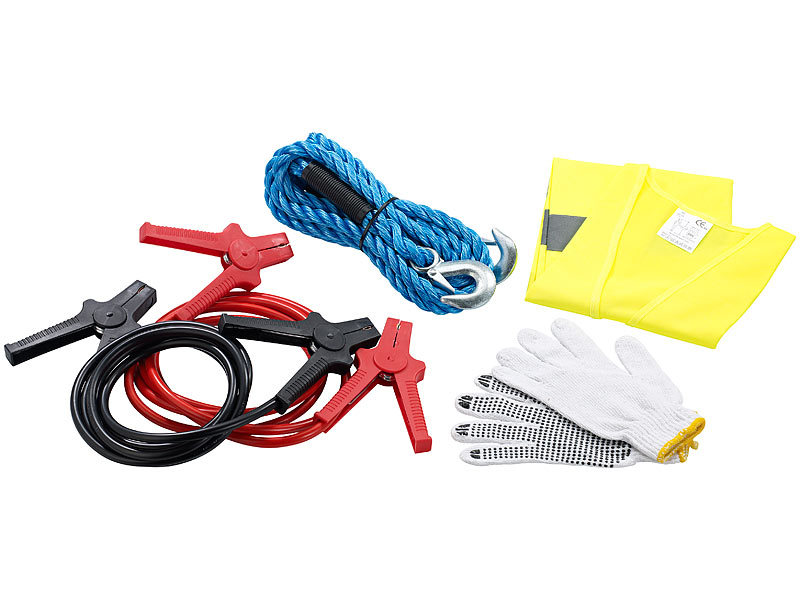 Lescars Startkabel: Auto-Notfall-Kit, Warnweste, Abschleppseil,  Überbrückungskabel (Handschuhe)