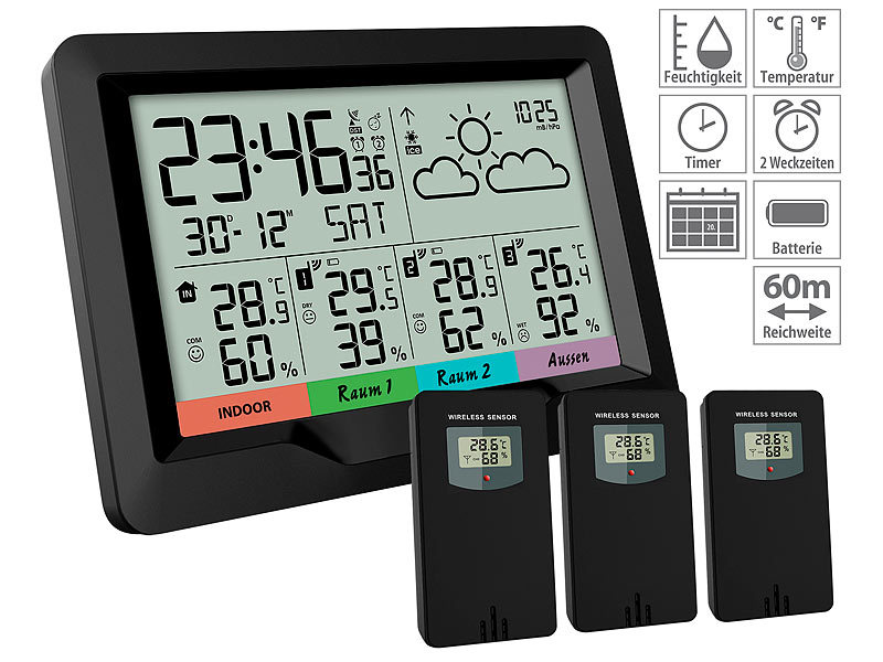 infactory Wetterstation 3 Sensoren: Funk-Wetterstation; 3 Funksensoren;  innen/außen; XL-Display; Wecker (Wetterstation mit 3 Außensensoren)