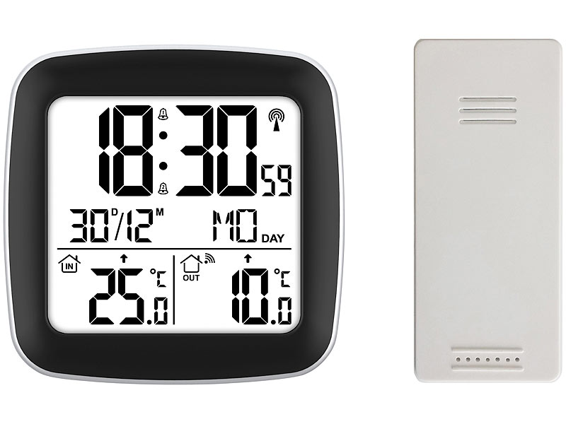 Analoge Uhr mit Alarm & Wetterstation Wecker Thermometer Hygrometer Tischuhr 