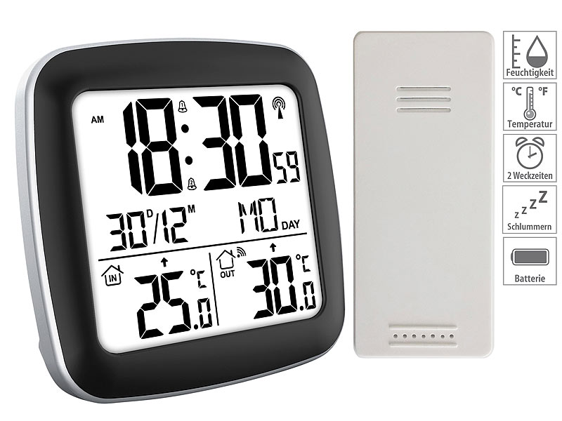Funk Wetterstation Wetter Außensensor Thermometer Kalender Uhr Wecker Hygrometer 