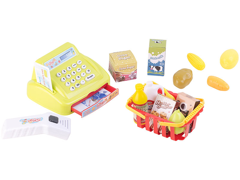 Playtastic Kaufmannsladen: 25-teiliges Kaufladen-Set für Kinder,  Kassensystem, LED-Licht & Sound (Spielkasse)
