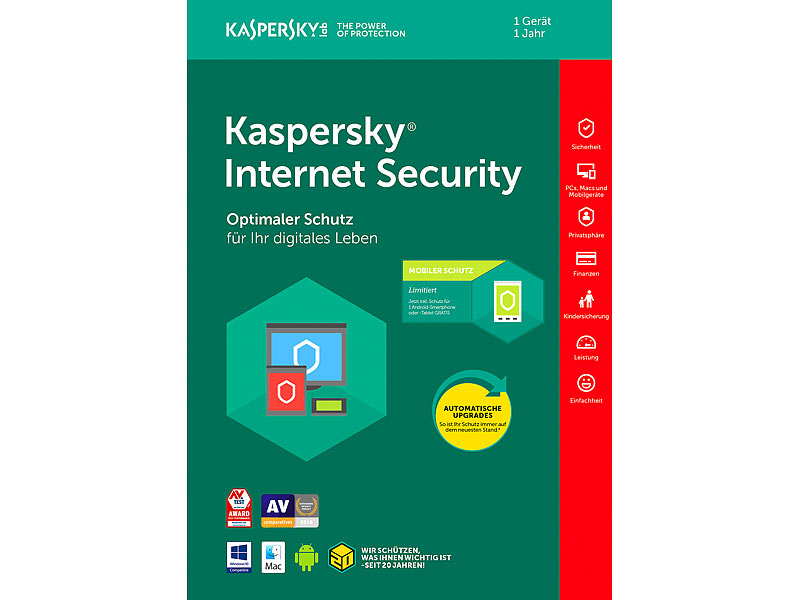 Kaspersky Internet Security 2018 für PC/Mac + Android-Security (Key-Karte)