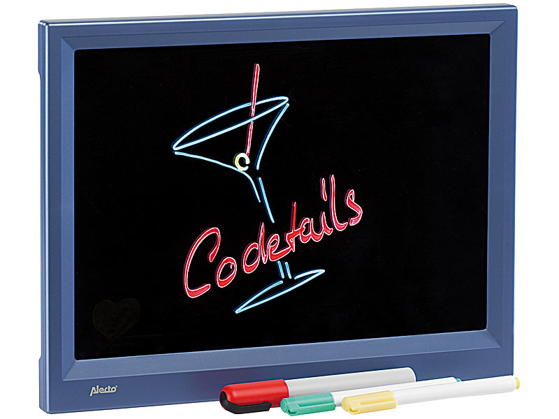 LED-Leuchttafel, 33 x 26 cm, inkl. 3 Neon-Stiften (Pink, Blau, Gelb)