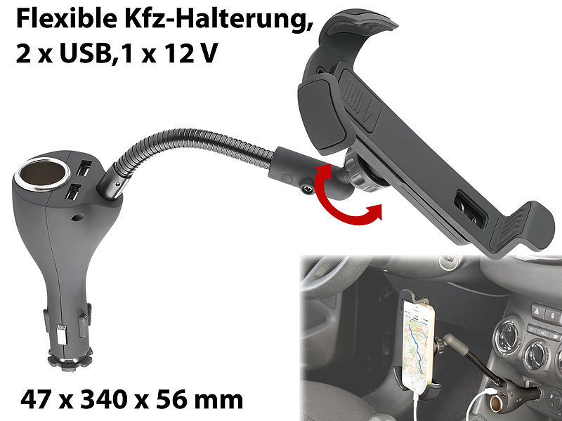 Callstel Flexible Handyhalterung: Flexible Kfz-Halterung für Smartphones,  USB-Ladefunktion, 4,8 A (Flexible Handyhalterung Auto)