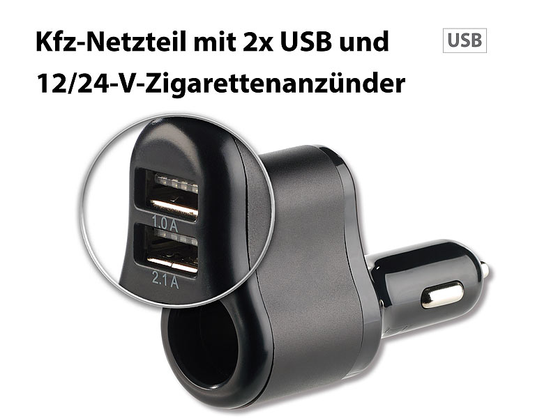 revolt Kfz Steckdose: Kfz-Netzteil mit 12/24-V-Zigarettenanzünder und 2x  USB, 3,1 A, 15,5 W (Lkw Zigarettenanzünder Adapter)