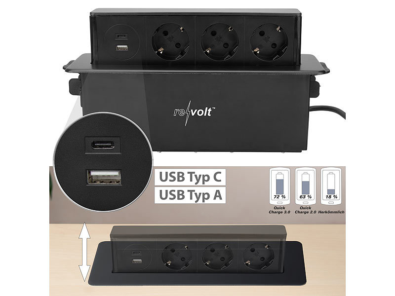 revolt Mehrfachstecker: 3-fach-Steckdose mit LED-Nachtlicht, 1x USB A QC,  1x USB C PD, schwarz (Tischsteckdosen)