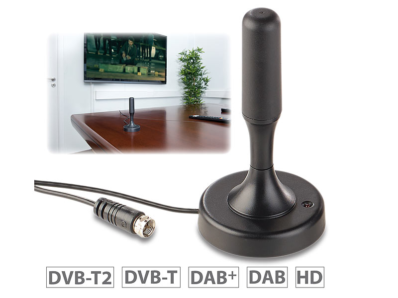 auvisio DVBT 2 Antenne: Aktive DVB-T/T2-Zimmerantenne, +30 dB, LTE