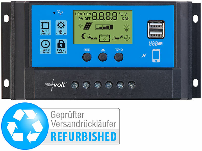 revolt Solarregler: Solar-Laderegler für 12/24-V-Akkus, PWM-Lademodus, 2  USB-Ports, 20 A (Solarregler 12V)