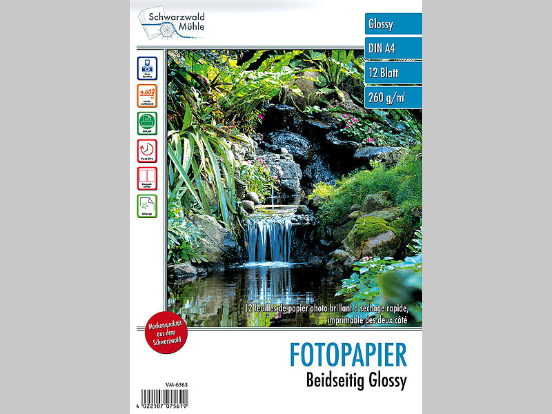 Schwarzwald Mühle Fotopapier A4 - 260g/m², Beidseitig Glänzend, 48 Blatt