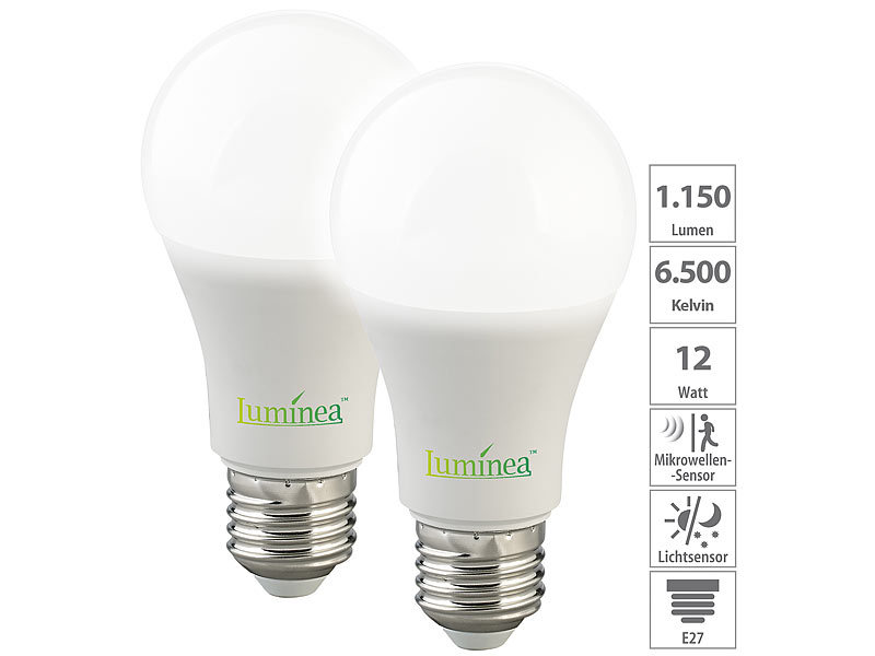 Luminea LED Leuchtmittel: 2er-Set LED-Lampen, Bewegungs- & Lichtsensor,  E27, 12W, 1.150lm, 6500K (LED Birne mit Bewegungsmelder)