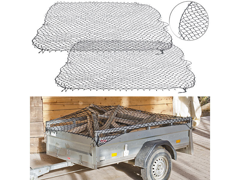 Lescars Gepäck-Netz für Pkw-Anhänger: 2er-Set Anhänger-Gepäcknetze mit  umlaufendem Gummiseil, 125 x 210 cm (Sicherheitsnetze zur Abdeckung von  Anhängern Kofferanhänger Große)