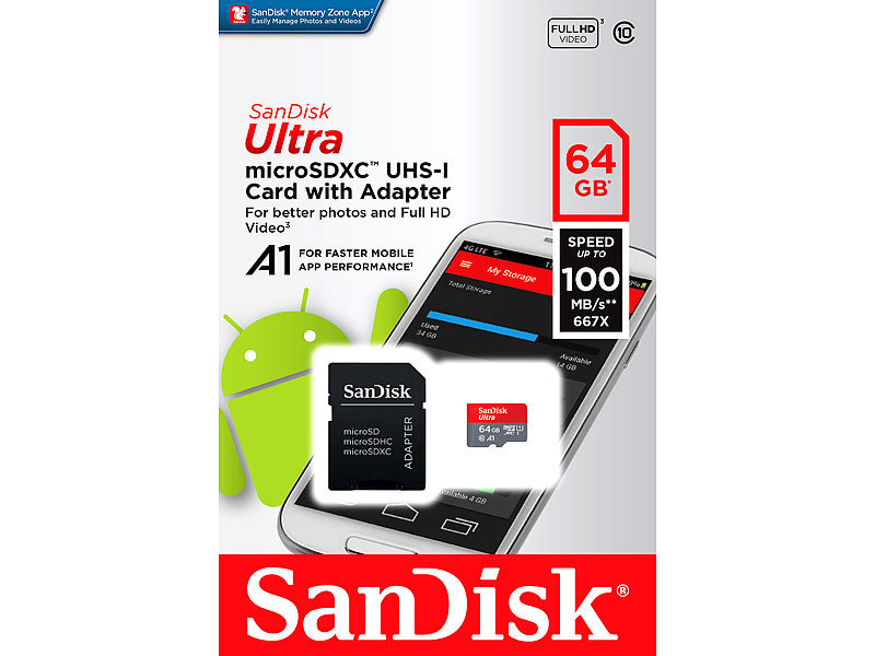 SanDisk Micro SD Ultra microSDXC, 64 GB, 100 MB/s, Class 10, U1, A1