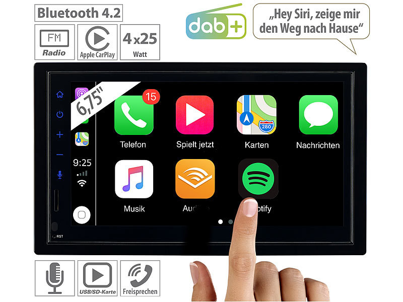 Creasono Autoradio 2DIN: 2-DIN-Autoradio mit Apple CarPlay, DAB+,  Freisprecher, 17,1-cm-Display (Autoradio Bluetooth)