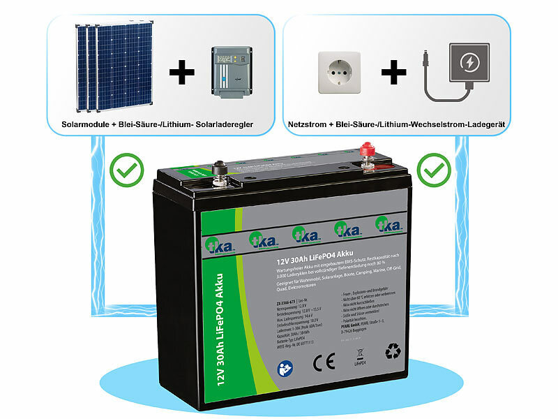 tka Solarstromspeicher: LiFePO4-Akku 12 V, 30 Ah, 384 Wh, BMS, für  Solaranlagen u.v.m., 2,1 kg (LiFePO4-Akkus Solar)