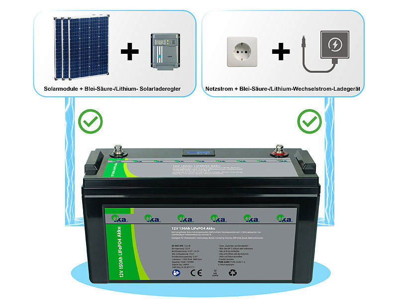 tka Solar mit Akkus 12V: LiFePO4-Akku mit 60-Watt-Solarpanel, 12 V, 60 Ah /  768 Wh, DC + USB (Solar Sets mit Batterie)